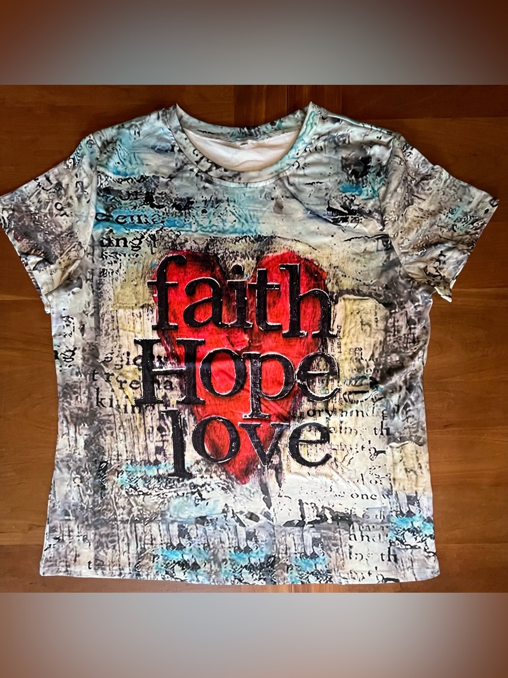 Vintage Distressed-Style Faith Hope Love Heart Graphic Print T-Shirt XL NWOT